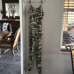 Full length jumper waist to foot ties Spaghetti straps Camouflage greens/black